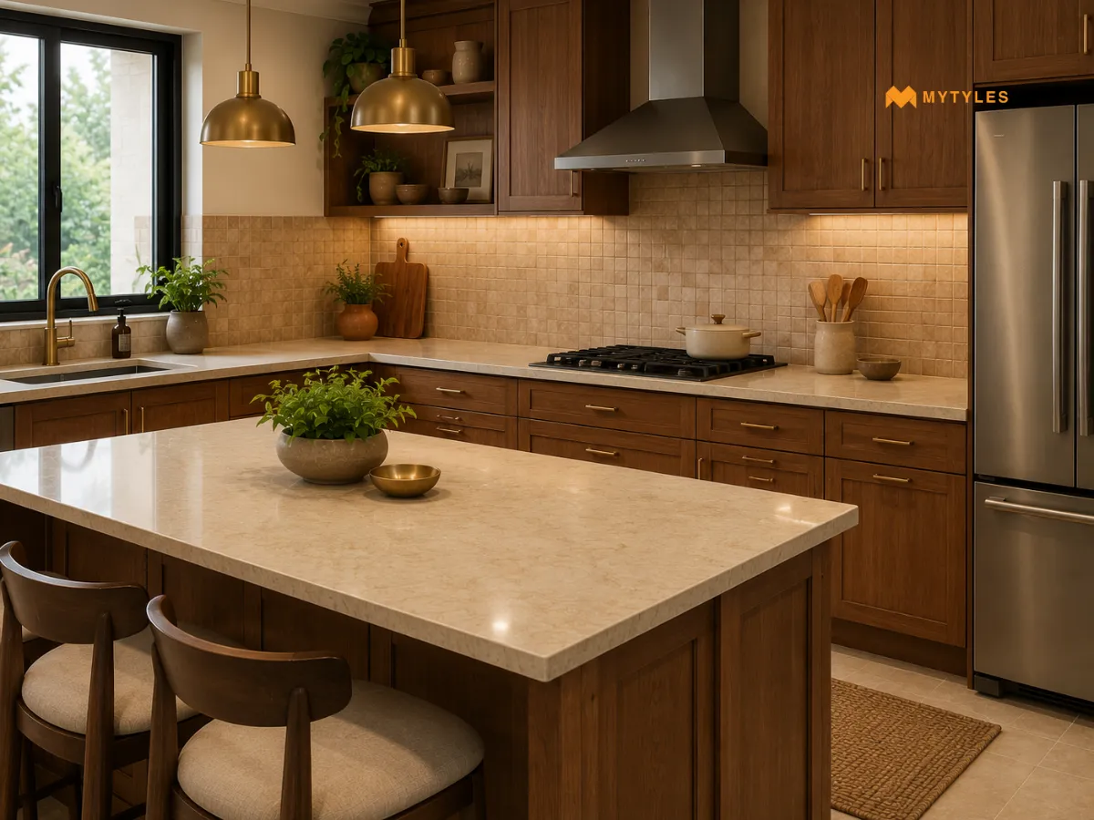 Beige or Cream Countertop and Warm Wood Cabinets